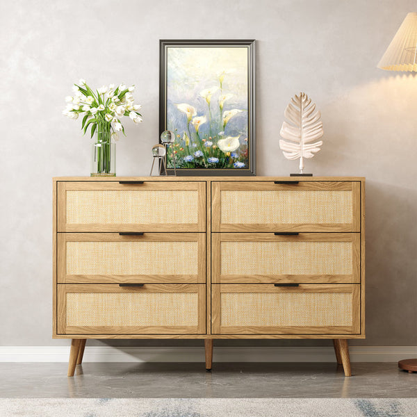Boho 6-drawer Rattan Dresser Organizer, Rustic Wood Wide Chest Of Drawers With Woven Cane Fronts
