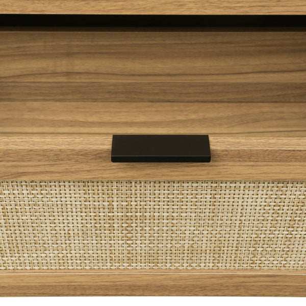 Boho 6-drawer Rattan Dresser Organizer, Rustic Wood Wide Chest Of Drawers With Woven Cane Fronts