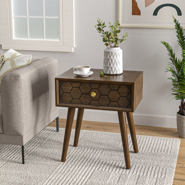 COSIEST Mid-Century Honeycomb 4 Legs End Table with Drawers