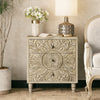 COZAYH Farmhouse 3 Drawer Nightstand with Craft Flower Motif Front, Distressed Boho Chest, French Country, Weathered White