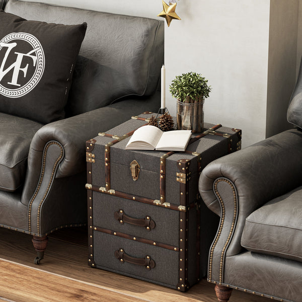 COZAYH Vintage Nightstand with Buckle Hinged Top, Linen Accent End Side Table for Living Room, Rectangle, Grey