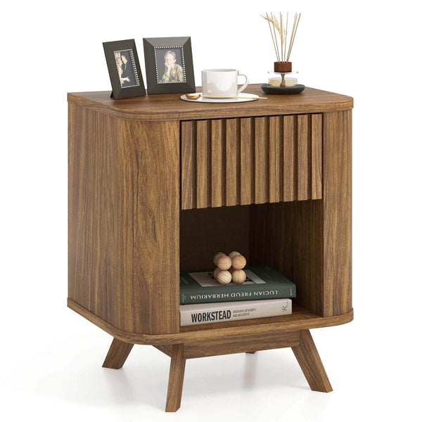 Costway 1/2 PCS Wood Nightstand with Drawer & Open Shelf Storage Home