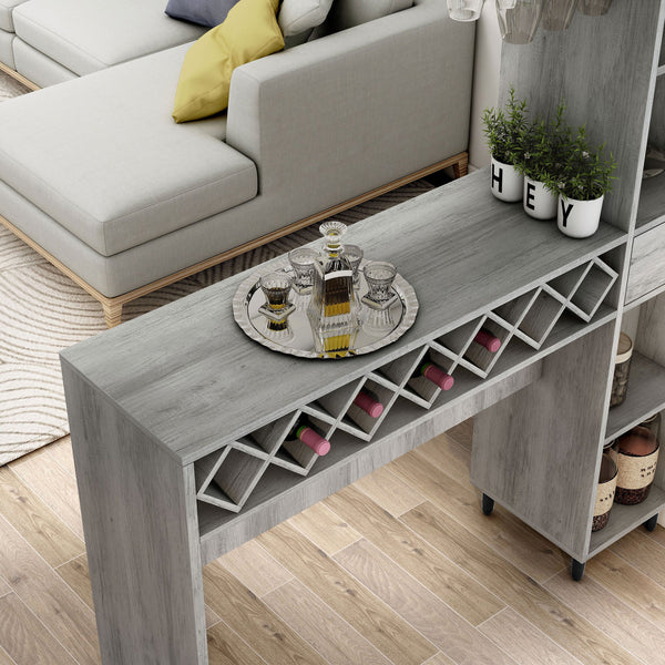 DH BASIC Transitional Vintage Grey Oak 6-Open Shelf Bar Table with Wine Storage by Denhour