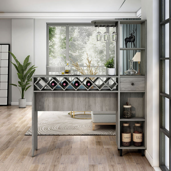 DH BASIC Transitional Vintage Grey Oak 6-Open Shelf Bar Table with Wine Storage by Denhour