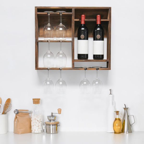 Derike Elegant Designs Bartow Wall Mounted Wood Wine Rack Shelf With Glass Holder, Restored Wood