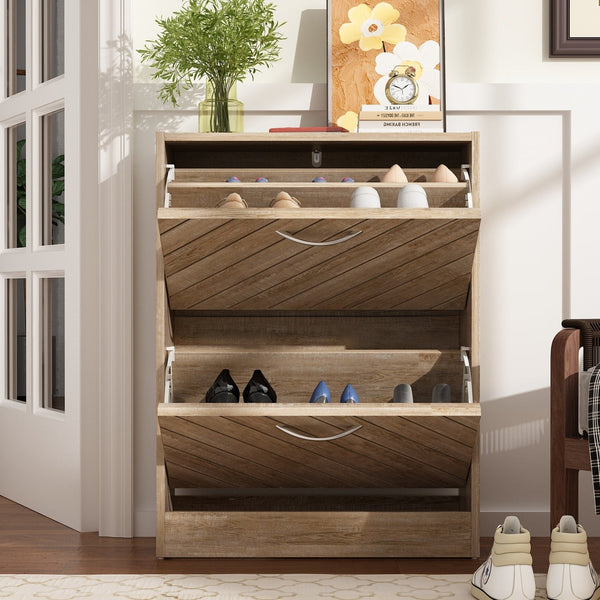 Timechee 8 Pair Shoe Storage Cabinet with 2 Drawers, Wood Color