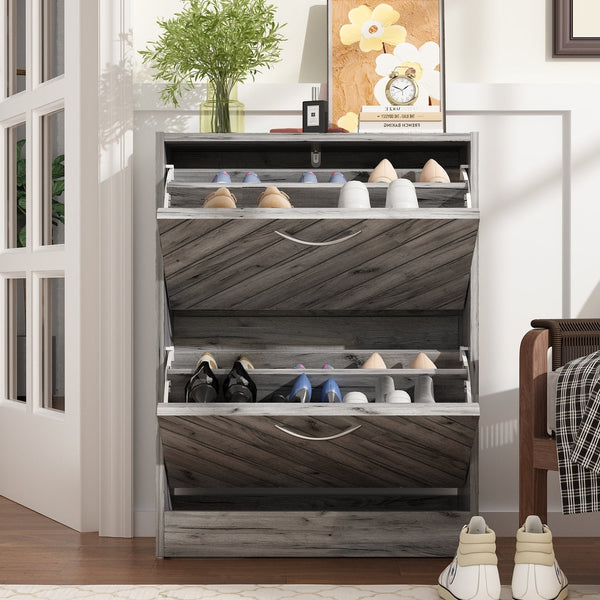 Timechee 8 Pair Shoe Storage Cabinet with 2 Drawers, Wood Color