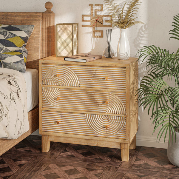 Fayola Rustic Farmhouse Three Drawer Dresser, Mid Century 3 Drawer Nightstand