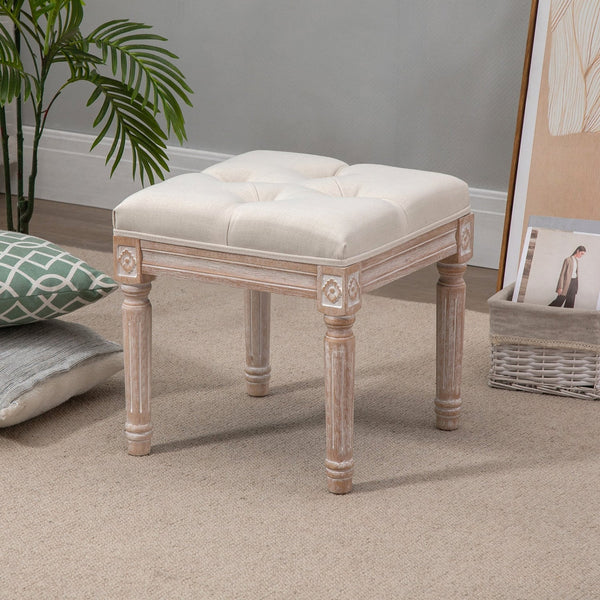 HOMCOM 15.75" Vintage Ottoman, Tufted Foot Stool with Upholstered Seat, Rustic Wood Legs for Bedroom, Living Room