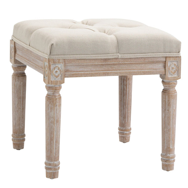 HOMCOM 15.75" Vintage Ottoman, Tufted Foot Stool with Upholstered Seat, Rustic Wood Legs for Bedroom, Living Room