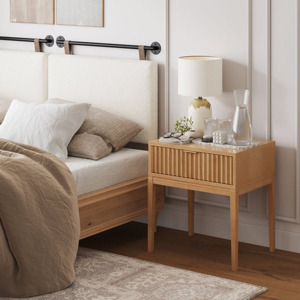 Jasper Mid-Century Modern Nighstand, Side Table with Storage and Fluted Drawer Doors with Brass Handles