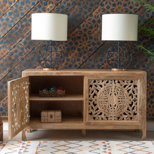 Josiah 60" Solid Wood Carved Two Door Two Shelf Sideboard Cabinet