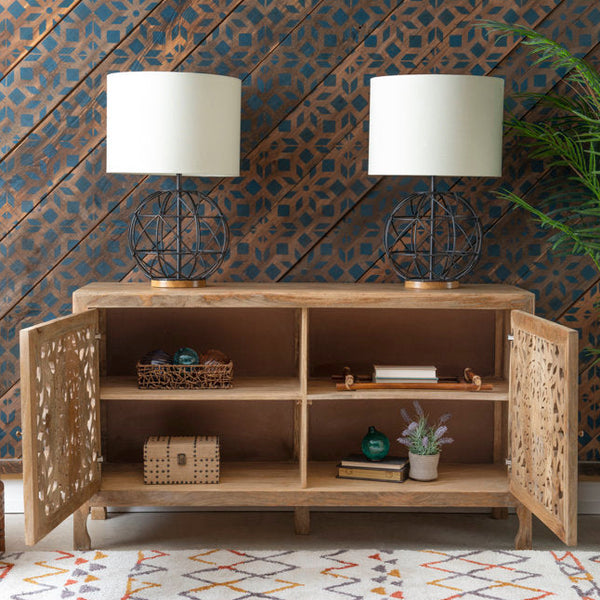 Josiah 60" Solid Wood Carved Two Door Two Shelf Sideboard Cabinet