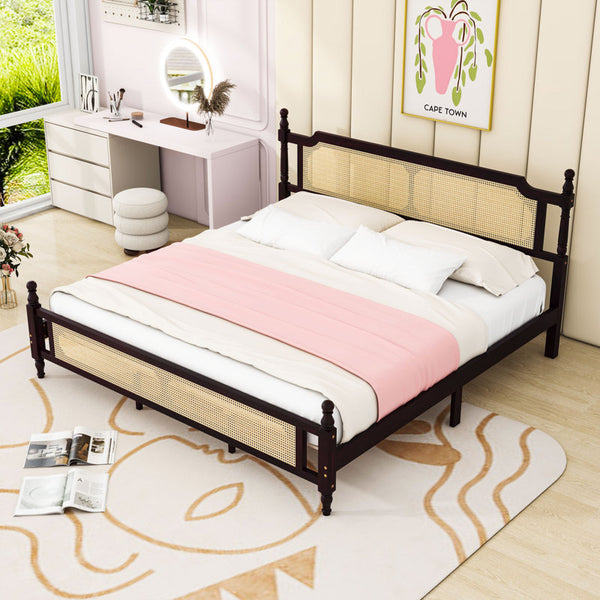 Platform Bed with Rattan Headboard