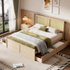 Queen Size Wood Storage Bed with 4 Drawers and Rattan Headboard
