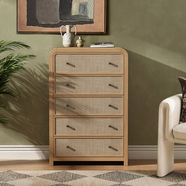 Rattan 5-Drawers Dresser，Thickened Curved Profile Design