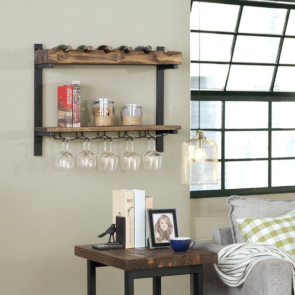 Rundell 30" Wide Rustic Industrial Wooden and Metal Wall Mounted Wine Rack Stores Bottles And Glass