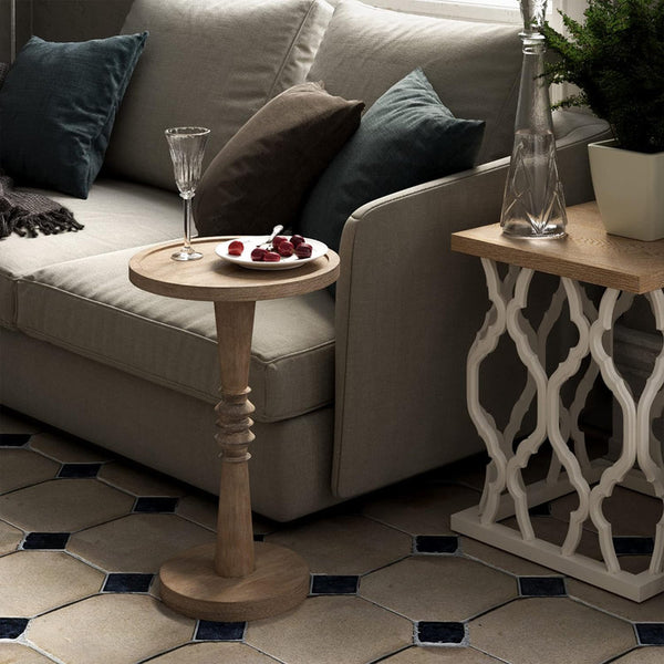 STKT Pedestal Small Drinking Table, Farmhouse Tray Top End Table, Distressed Natural Wood Colour
