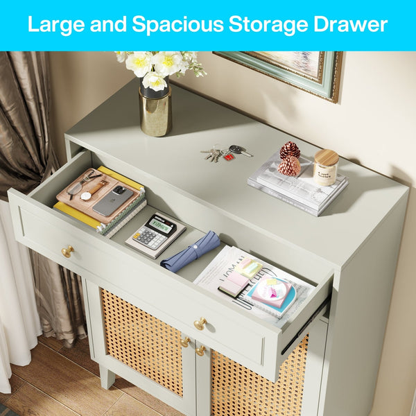 Shoe Cabinet with Doors and Drawer, Modern Rattan Shoe Storage Cabinet for Entryway, Mint Green
