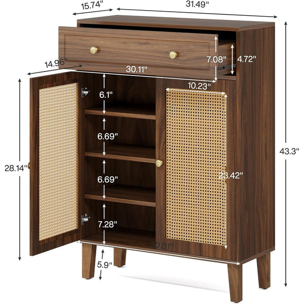 Shoe Cabinet with Doors and Drawer, Modern Rattan Shoe Storage Cabinet for Entryway, Mint Green