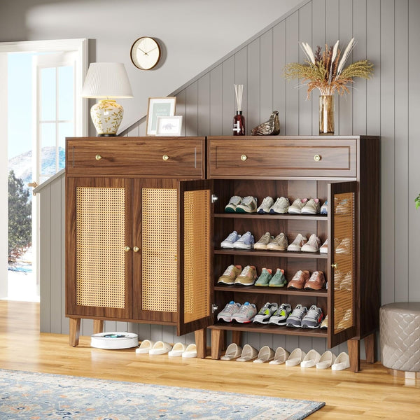 Shoe Cabinet with Doors and Drawer, Modern Rattan Shoe Storage Cabinet for Entryway, Mint Green