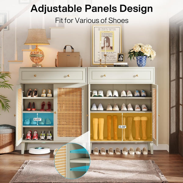 Shoe Cabinet with Doors and Drawer, Modern Rattan Shoe Storage Cabinet for Entryway, Mint Green