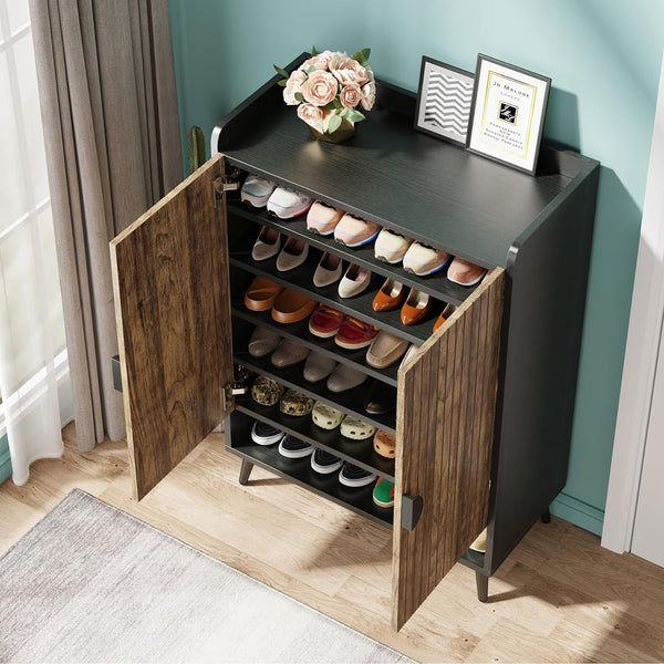 Shoe Cabinet with Doors, Entryway Shoe Storage Cabinet with Adjustable Shelves - 29.6" L x 13.8" D x 43.3" H
