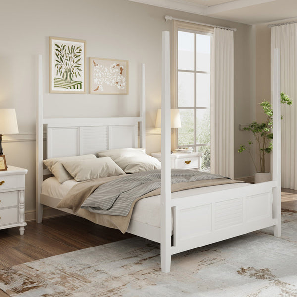 Traditional Solid Wood Four Poster Bed With Horizontal Grille Design