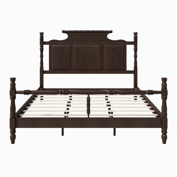 Vintage Country Style Wood Four Poster Platform Bed with 56.9" High Crown-like Headboard, No Box Spring Needed