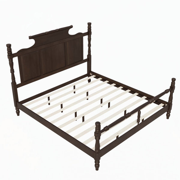Vintage Country Style Wood Four Poster Platform Bed with 56.9" High Crown-like Headboard, No Box Spring Needed