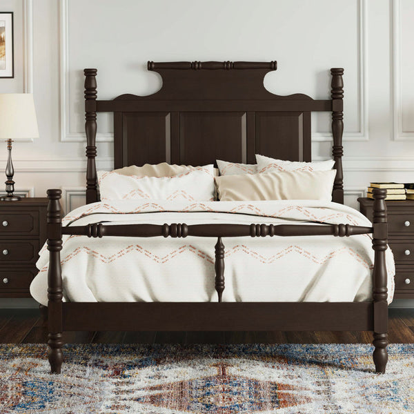 Vintage Country Style Wood Four Poster Platform Bed with 56.9" High Crown-like Headboard, No Box Spring Needed
