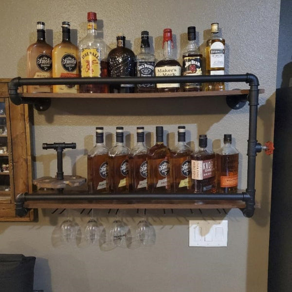 Wine Rack Wall Mounted 2 Tier With Glass Holder Storage Under, Industrial Rustic Pipe Farmhouse Kitchen Decor Black, 35.4X10.6X19.7