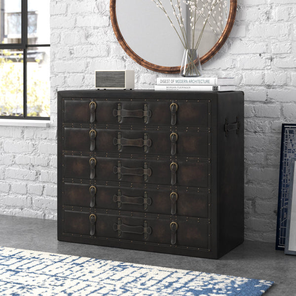 Wooden Vintage Faux Leather Room Chest with Buckles and Straps Detailing