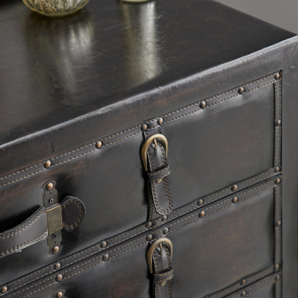 Wooden Vintage Faux Leather Room Chest with Buckles and Straps Detailing