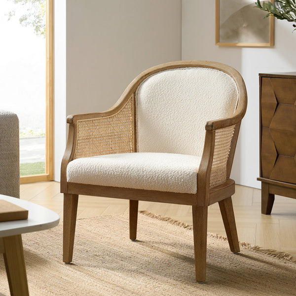 Xaver 28.5'' Wide Farmhouse Boucle Rattan Solid Wood Armchair