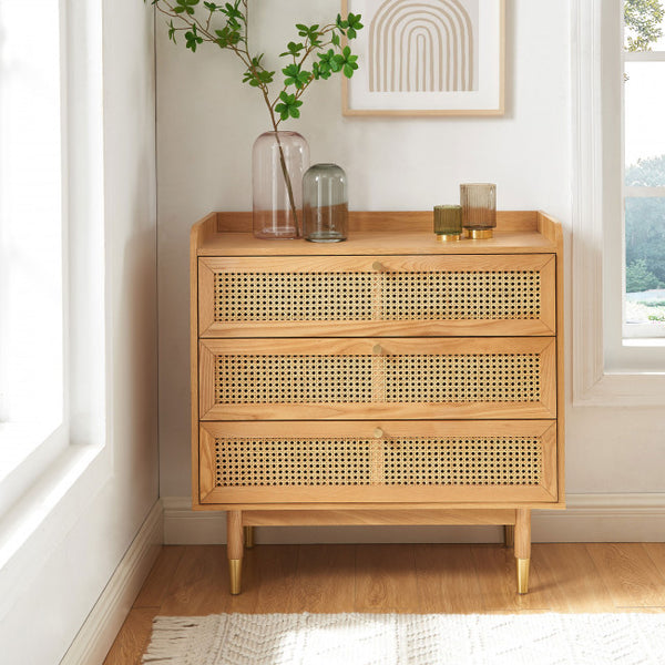 BOMBONG Commode 3 tiroirs en bois et cannage L85cm