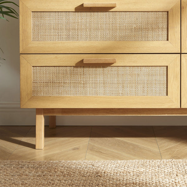 June - Commode 6 tiroirs en bois et cannage L130cm