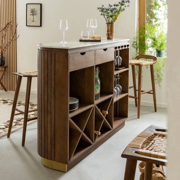 Bar in mango wood and Siena white marble