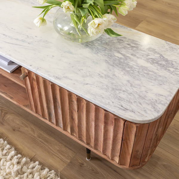 Judith acacia wood and white marble TV cabinet