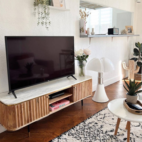 Judith acacia wood and white marble TV cabinet