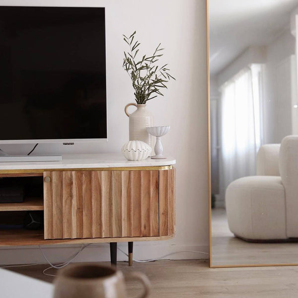 Judith acacia wood and white marble TV cabinet