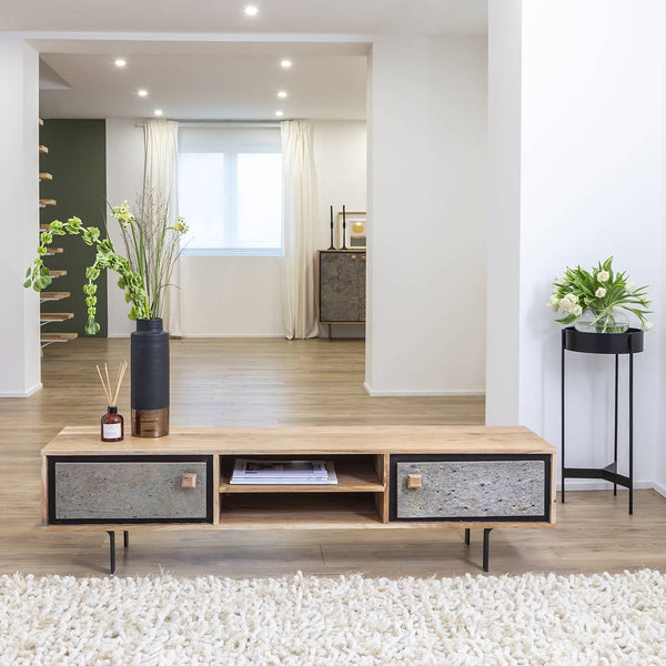 TV cabinet in acacia wood and Como stone
